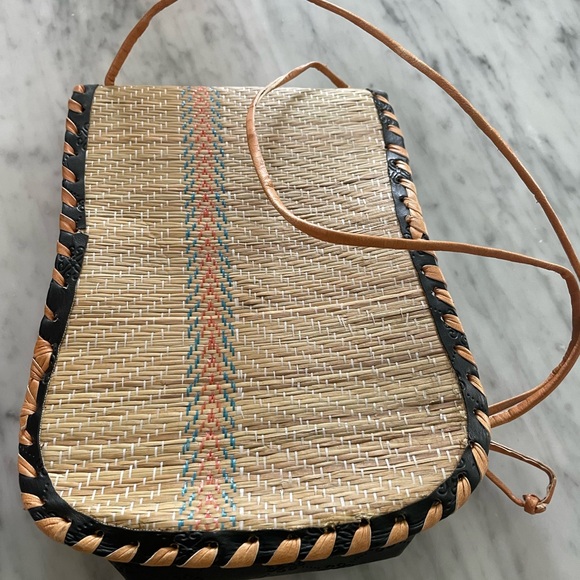 Handcrafted Genuine Leather African  Tan and Black Woven Crossbody Bag - Picture 3 of 6